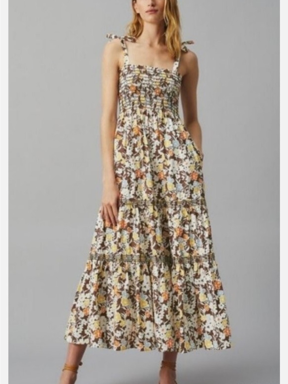 Tory Burch Cotton Wave Print Shoulder Tie Midi Dress Size Small
